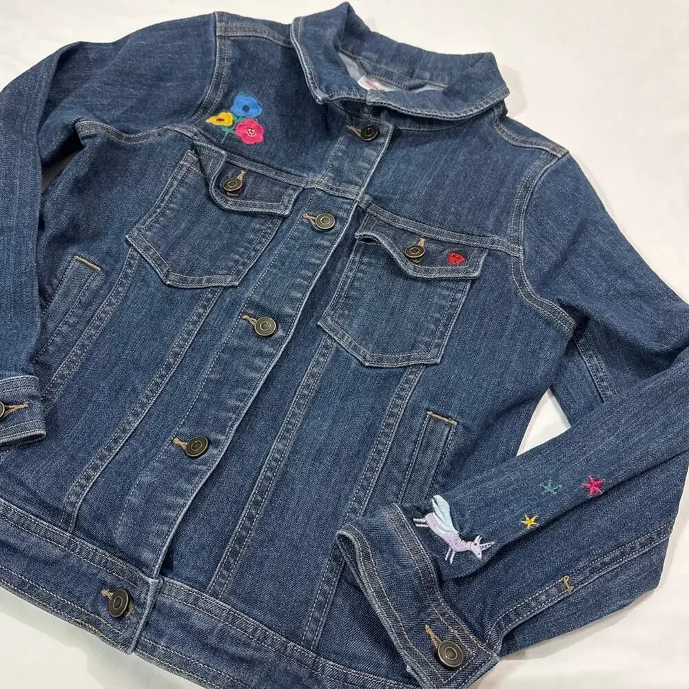Hanna Andersson Girls 10 Unicorn Flower Embroidered Denim Jacket School Casual